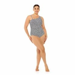 Plus Size Freshwater Striped One-Shoulder One-Piece Swimsuit