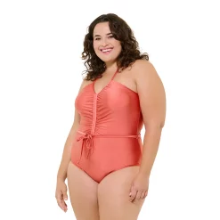 Plus Size Freshwater Ruched Tie-Front One-Piece Swimsuit -Free the Roses shop 5773000 ALT2