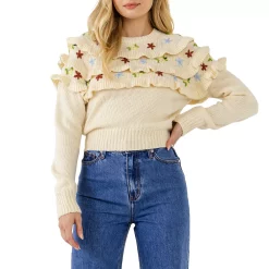 Floral Handmade Embroidery Ruffle Detail Sweater
