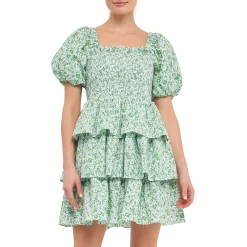 Crinkled Floral Linen Smocked Tiered Mini