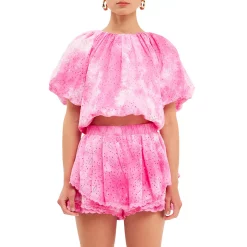 Paisely Eyelet Balloon Top with Tie-dye Effect