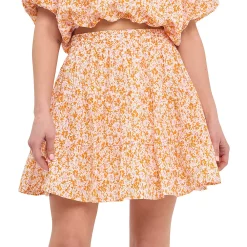 Crinkled Floral Linen Mini Skirt with Elastic Band