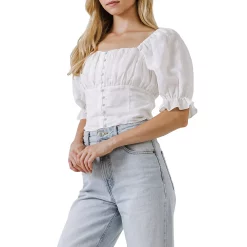 Button Closure Puff Sleeve Top -Free the Roses shop 5966857 ALT2